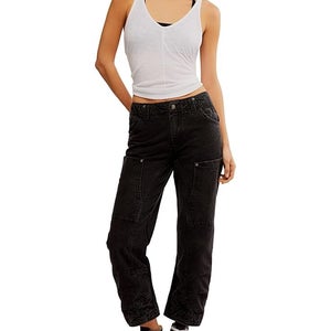 Free People Supersonic Pants Women 10 Black 100% Cotton Slim Fit Straight QLW209