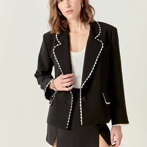English Factory Rickrack Edge Blazer Women's Medium Black Scallop Trim QLW211