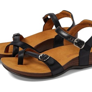 SAS Pampa 2520-013 Sandal Women's US 8 Black Leather Toe Loop Wedge Heel PQ214