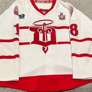 Game Worn Dubuque Fighting Saints Jersey. Clark Cup Patch.