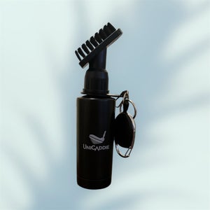 UniCaddie Squeeze Golf Club Brush (Black)– Leak-Proof 4oz Water Bottle & Clip for On-the-Go Clean!