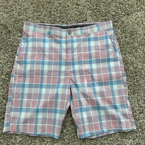 PGA Tour Plaid Golf Shorts Men's 36 Red White Blue American Polyester Blend