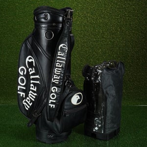 VINTAGE CALLAWAY HAWKEYE STAFF BAG 6 WAY DIVIDERS GOLF, BLACK/WHITE + RAIN HOOD!