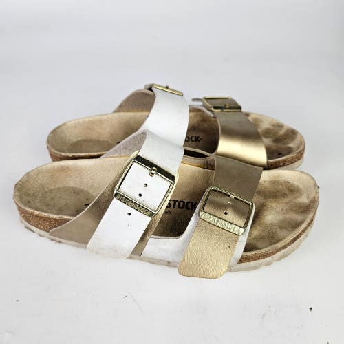 Birkenstock Arizona Split Birko-Flor Womens Size: 38 / 7 Sandals Gold White