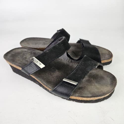 Naot Jacey Double Strap Black Leather Open Toe Sandal Slide Wedge Women's 39/8