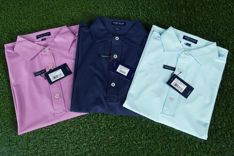 (3) PETER MILLAR SOUL PERFORMANCE MESH GOLF POLOS MENS NAVY AQUA VALENCIA SMALL