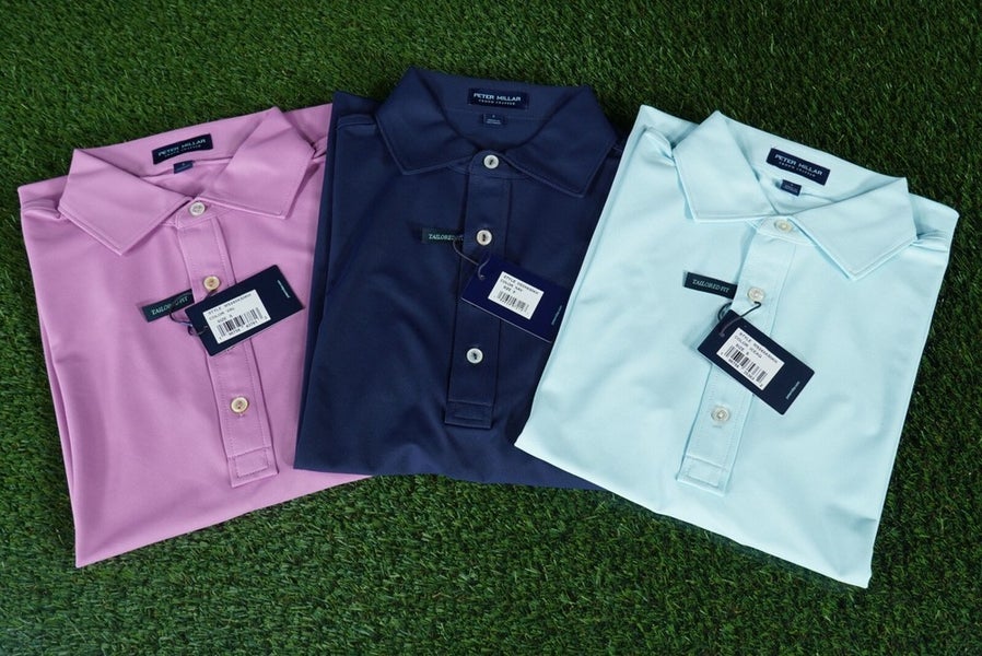 (3) PETER MILLAR SOUL PERFORMANCE MESH GOLF POLOS MENS NAVY AQUA VALENCIA SMALL