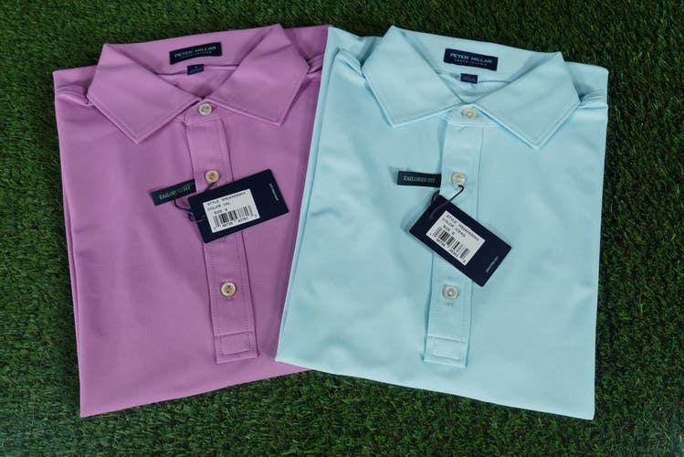 (2) PETER MILLAR SOUL PERFORMANCE MESH GOLF POLOS MENS ICED AQUA VALENCIA SMALL