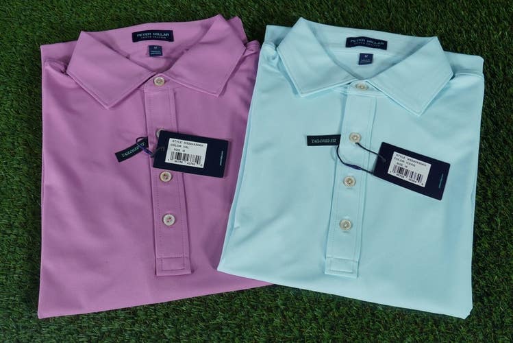 (2) PETER MILLAR SOUL PERFORMANCE MESH GOLF POLOS MENS AQUA VALENCIA, MEDIUM