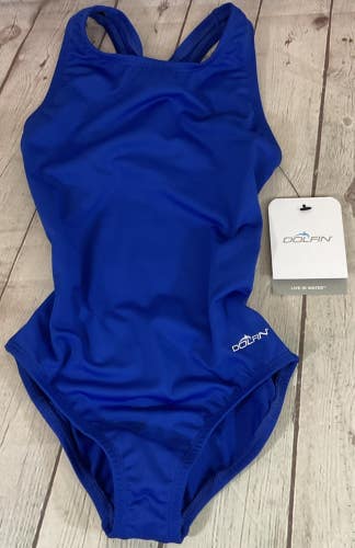 Dolfin Womens One Piece Swim Suit Royal Blue Open Back Performance Fit Size 26
