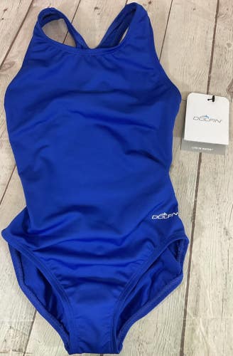 Dolfin Womens Size 28 One Piece Lined Performance Open Back Swim Suit Blue