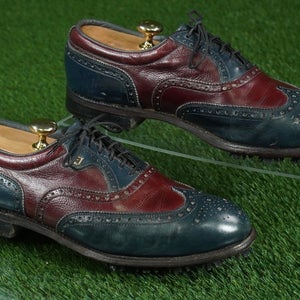 VINTAGE FOOTJOY WINGTIP OXFORD CLASSICS MEN'S 10D GOLF SHOES, BLUE/BURGUNDY