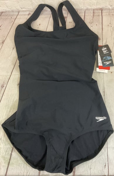 Speedo Womens Size 8L Performance Four Way stretch Lined One Piece Black UPF +50