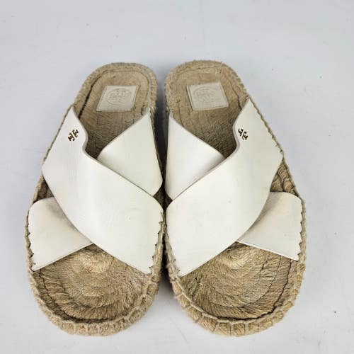 Tory Burch Bima Off White Leather Espadrille Slides Flats Women's Size US 7.5 M