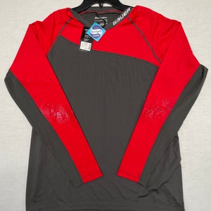 NEW Bauer Pro Long Sleeve Top, Sr Large, Dark Gray/Red