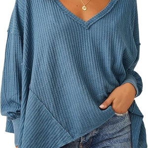 Free People Coraline Thermal Sweater Womens Small Legion Blue Waffle-Knit QLW630