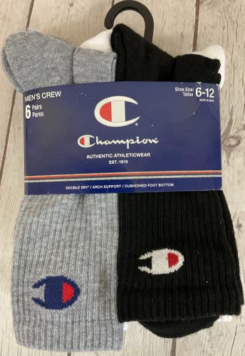 Champion Six Pack Mens Mid Calf Socks Double Dry Rapid Drying Material Cushioned