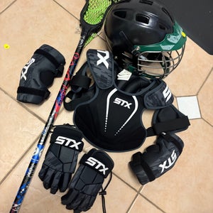 Youth small lacrosse equipment set up. Meets NOCSAE starter kit
