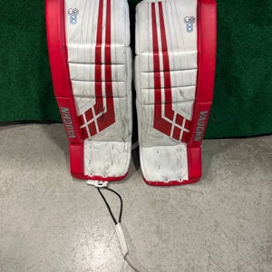 White & Red Junior Vaughn Velocity VE8 Goalie Leg Pads (Used) | 26" +2"