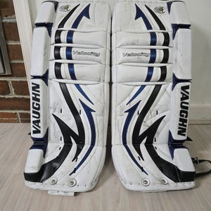 26"+1" Vaughn Velocity V4 Goalie Leg Pads White, Blue, and Black (Used)