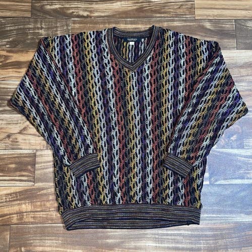 Vintage Bachrach Sweater Mens Large 3D Knit Textured Multicolor 90s Coogi Style