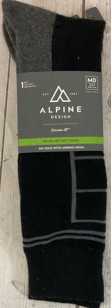 Alpine Mens Medium Full Calf Cut Ski Sock One Pair Shin Cushioning Seamless Toes