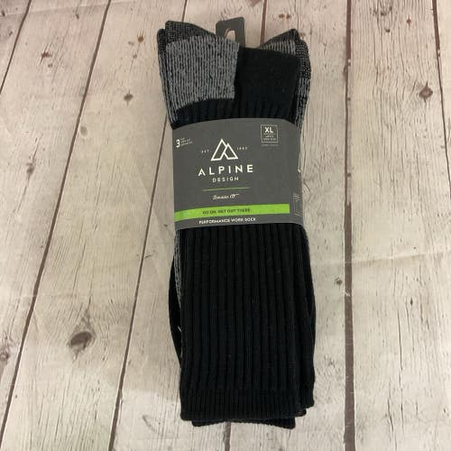 Alpine Design Extra Large Mens Performance Work Socks Three Pairs Ribbed Black
