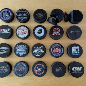 20 HOCKEY PUCKS - Commemorative LOGO's NEW and USED - 2 Broken ALL STAR GAME +