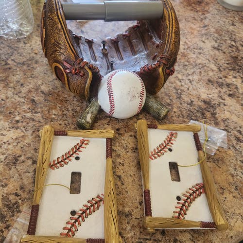 Hobby Lobby Baseball Glove Toilet Paper Holder/ & two Baseball themed light Switches(New)