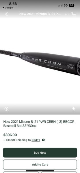 Brand New Mizuno Power Carbon BBCOR Bat 32” 29oz
