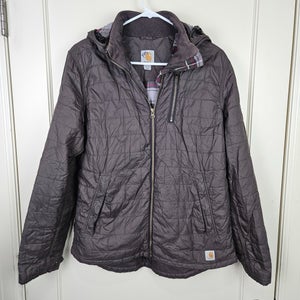 Carhartt Jacket Amoret Womens Size M Flannel Lined Hooded Quilted Puffer Brown