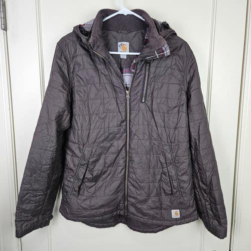 Carhartt Jacket Amoret Womens Size M Flannel Lined Hooded Quilted Puffer Brown