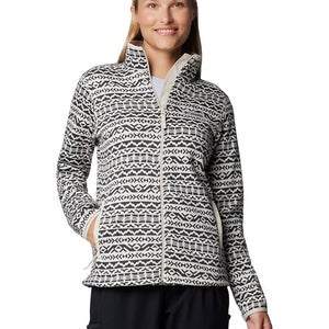 Columbia Sweater Women's XL White Weather Print Drawstring Hem Full Zip QLW778