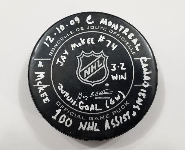 12-10-09 PASCAL DUPUIS Pittsburgh Penguins at Canadiens Game Used GWG GOAL PUCK