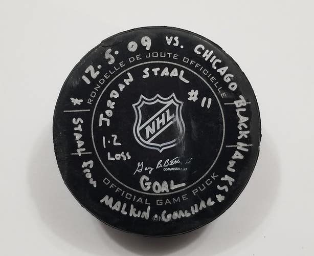 12-5-09 JORDAN STAAL Pittsburgh Penguins vs Blackhawks NHL Game Used GOAL PUCK
