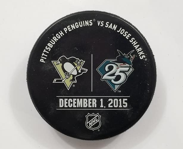 12-1-15 San Jose Sharks 25th vs Pittsburgh Penguins WARM-UP USED NHL Hockey Puck