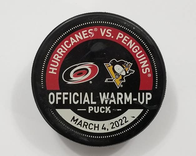 3-4-22 Carolina Hurricanes vs Pittsburgh Penguins WARM-UP USED NHL Hockey Puck