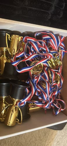 Box of small trophies and medals