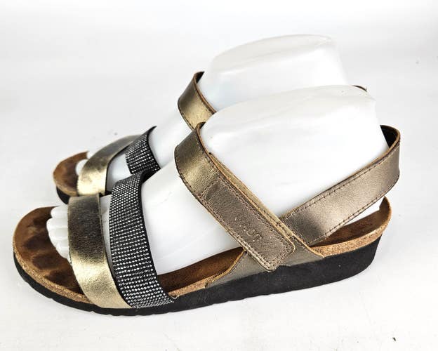 NAOT Krista Pewter Leather 3 Strap Sandals Rhinestone Comfort Wedge Size 39 / 8