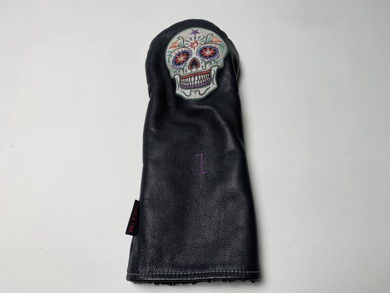 Rose & Fire Sugar Skull Black Leather Driver Head Cover