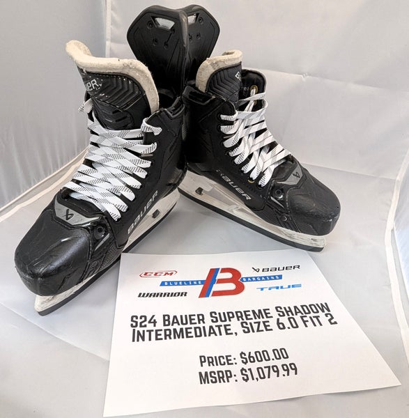 Used, S23 Bauer Supreme Shadow Intermediate Ice Hockey Skates 6.0 Fit 2 w/Fly-TI Blades