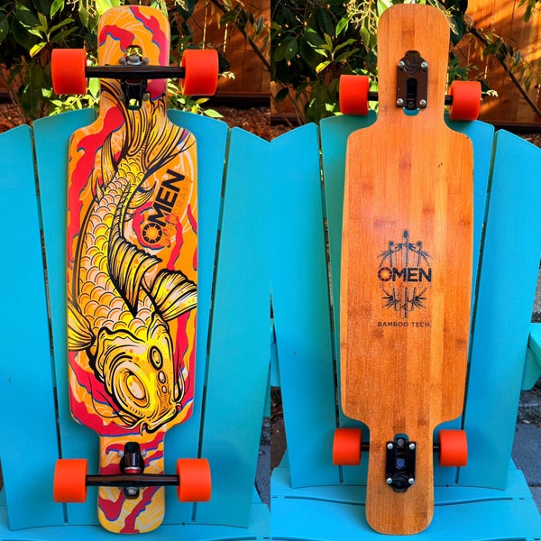 Omen Longboards A Koi Fish complete Drop Through Longboard Skateboard 9.5” X 38”
