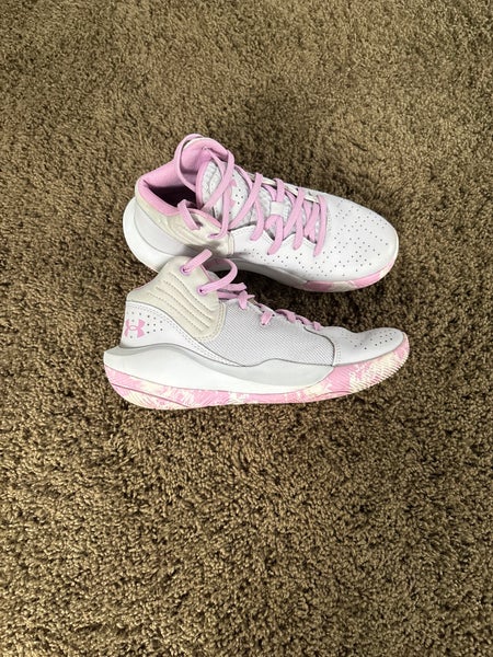 Under Armour Jet 21 Shoes Youth 4.5 Basketball Gray Pink Leather Lace Up Mid Top