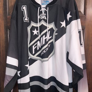 USED BLACK AND WHITE FMHL #1 HOCKEY JERSEY SIZE 56