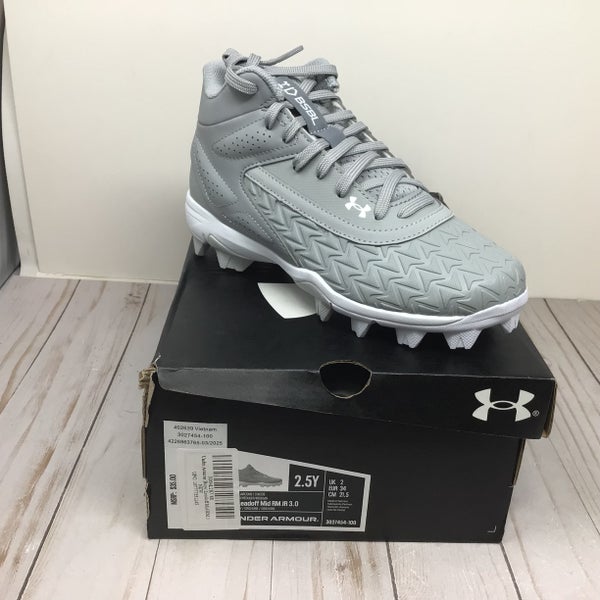 Gray Kid's Size M 2.5 (W 3.5) Youth Under Armour High Top Molded Cleats (New)