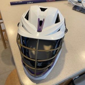 White, Gold, and Purple Cascade XRS Helmet with All-American Chinstrap