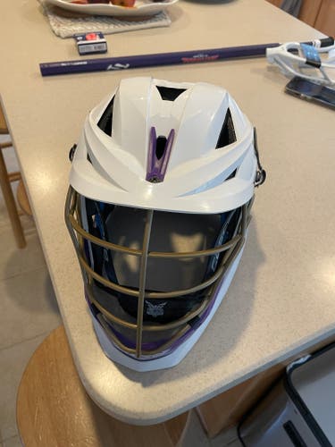 White, Gold, and Purple Cascade XRS Helmet with All-American Chinstrap