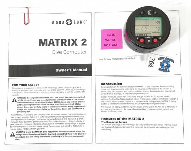 Aqua Lung Matrix 2 Scuba Dive Diving Computer Puck Module with Manual #768