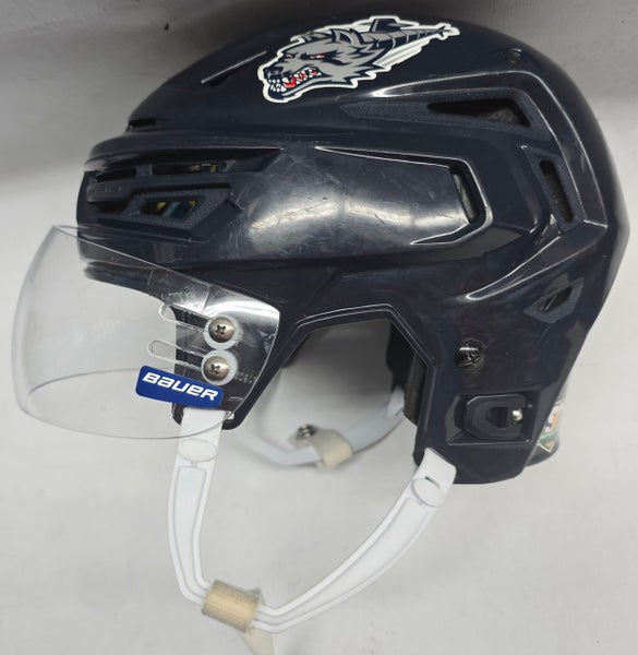 BAUER REAKT 150 PRO STOCK HOCKEY HELMET NAVY MEDIUM WOLFPACK USED #14 (14025)