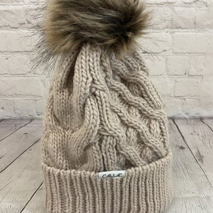 Calia CAC2311 Women's Cable Knit Acrylic Pom Beanie Natural Tan OSFM